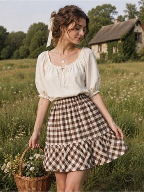 Promesa Brown Gingham Cottagecore Mini Skirt NWT Size Large